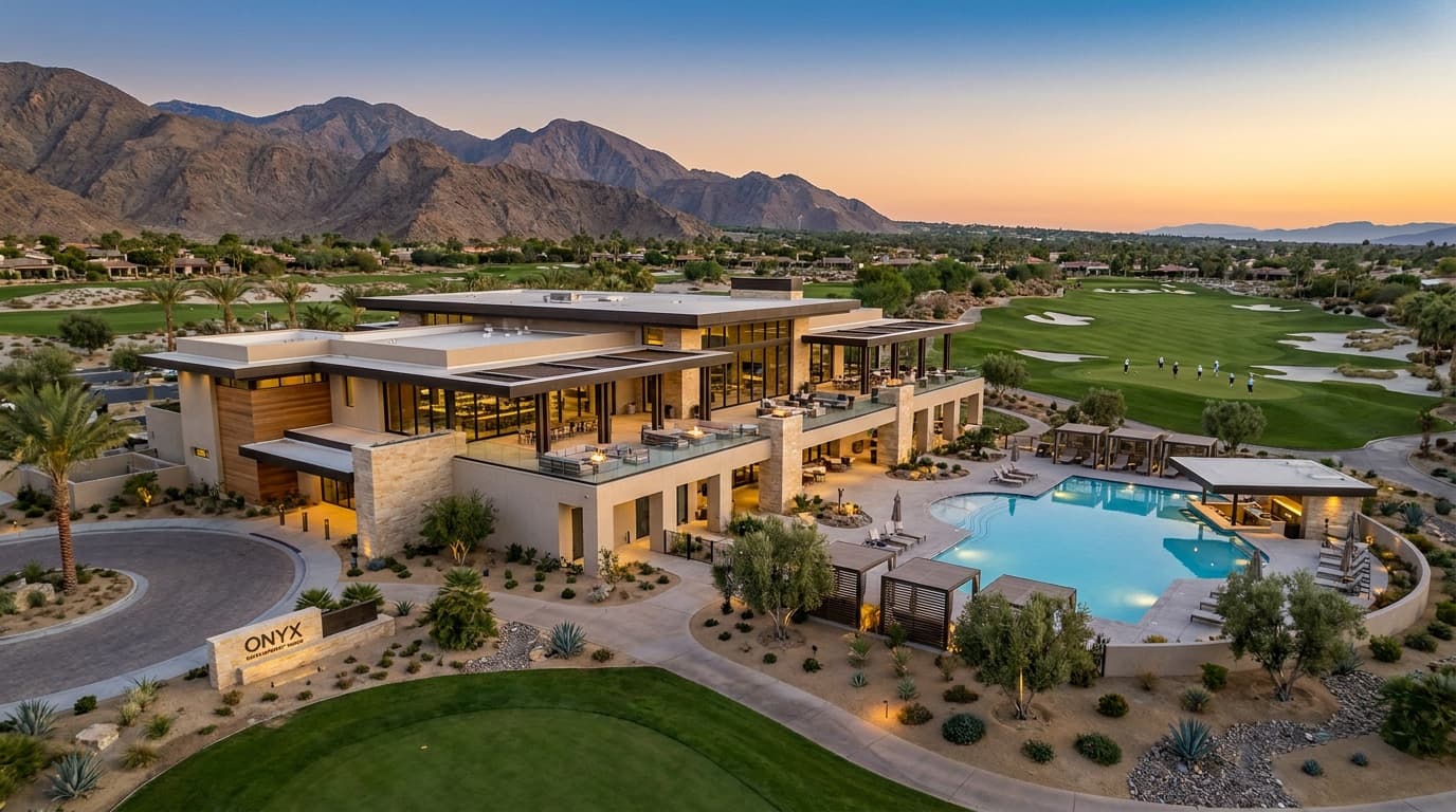 Desert golf clubhouse with mountain backdrop