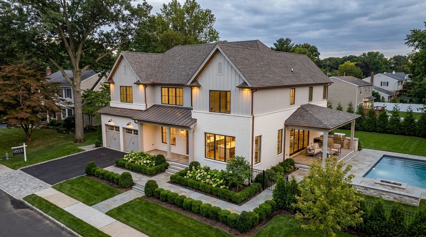 Modern farmhouse custom home, aerial view