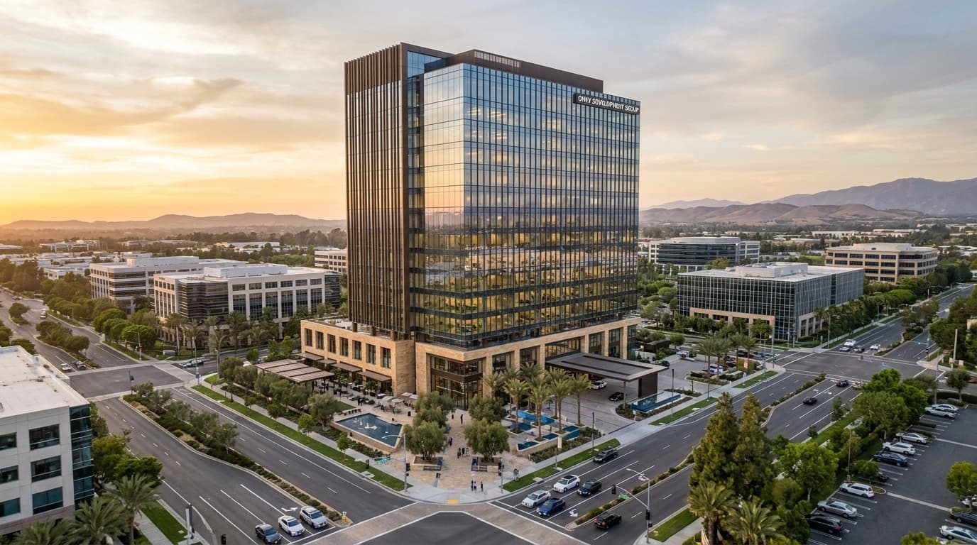 Corporate office tower at golden hour