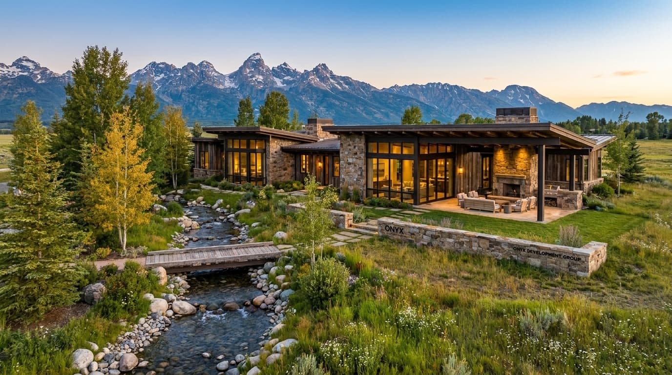Modern ranch estate in Jackson Hole with a creek and mountain backdrop — photoreal pass