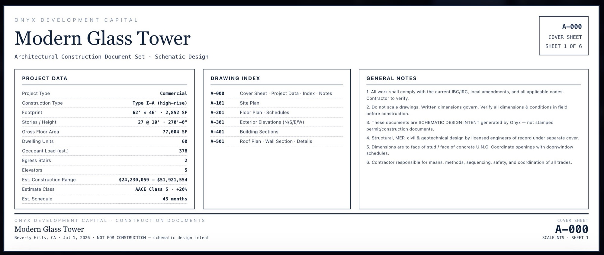 Construction document sheet generated by Onyx